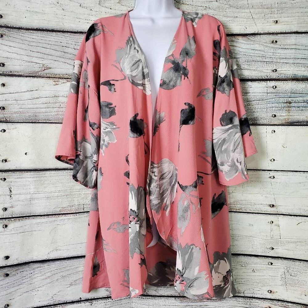LARA Women’s Kimono Cardigan S/M Pink Gray Black Floral Lightweight Layering